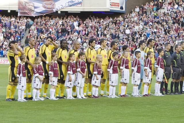 Hearts line up for the Champions League qualifier against AEK Athens. Picture: SNS