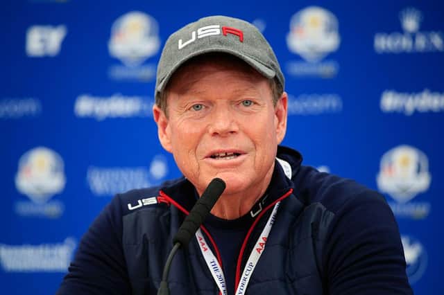 Tom Watson, the US captain at the time, speaks to the media during the 2014 Ryder Cup at Gleneagles. Picture: Jamie Squire/Getty Images.