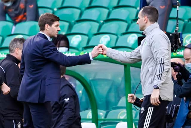 Rangers boss Steven Gerrard and Celtic counterpart John Kennedy. Picture: SNS