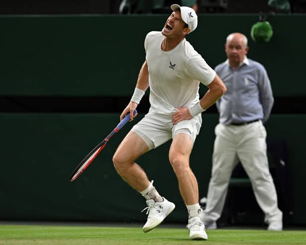 Andy Murray screams in pain during his match against Stefanos Tsitsipas but recovered to take a 2 sets to 1 lead. (Photo by GLYN KIRK/AFP via Getty Images)