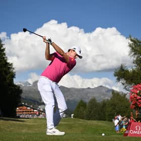 Matt Fitzpatrick of England plays his tee shot on the 18th hole during Day Three of the Omega European Masters at Crans-sur-Sierre Golf Club on September 02, 2023 in Crans-Montana, Switzerland. (Photo by Stuart Franklin/Getty Images)