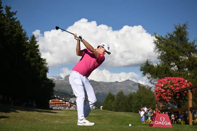 Matt Fitzpatrick of England plays his tee shot on the 18th hole during Day Three of the Omega European Masters at Crans-sur-Sierre Golf Club on September 02, 2023 in Crans-Montana, Switzerland. (Photo by Stuart Franklin/Getty Images)