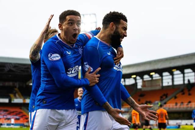 Rangers captain James Tavernier and defender Connor Goldson, pictured celebrating a goal against Dundee United at Tannadice in December, have both been nominated for the SFWA Player of the Year award. (Photo by Alan Harvey / SNS Group)