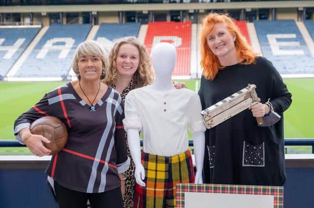 L-R Rose Reilly, Vivienne McLaren SWF, Eddi Reader launch the Rutherglen Ladies F.C exhibition at the Scottish Football Museum. Photo credit: Peter Devlin