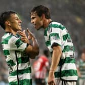 Celtic’s Alexandro Bernabei celebrates scoring to make it 2-2  with Matt O'Riley during the James Forrest Testimonial match against Athletic Club BIlbao.