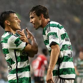Celtic’s Alexandro Bernabei celebrates scoring to make it 2-2  with Matt O'Riley during the James Forrest Testimonial match against Athletic Club BIlbao.