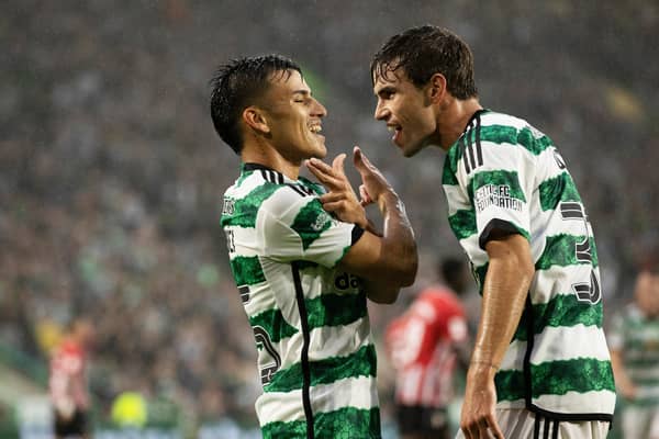 Celtic’s Alexandro Bernabei celebrates scoring to make it 2-2  with Matt O'Riley during the James Forrest Testimonial match against Athletic Club BIlbao.