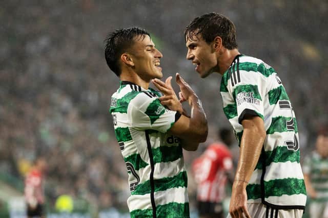Celtic’s Alexandro Bernabei celebrates scoring to make it 2-2 with Matt O'Riley during the James Forrest Testimonial match against Athletic Club BIlbao.