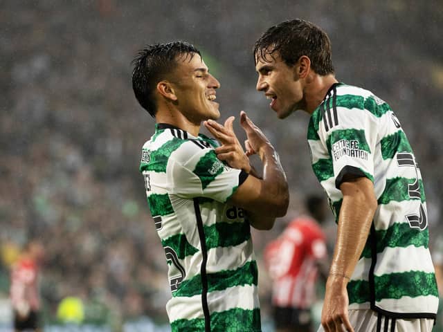 Celtic’s Alexandro Bernabei celebrates scoring to make it 2-2  with Matt O'Riley during the James Forrest Testimonial match against Athletic Club BIlbao.