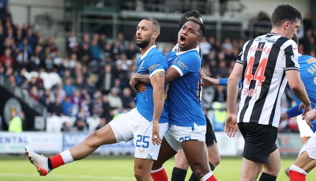 Kemar Roofe celebrates with Alfredo Morelos (right) after making it 1-1 during the cinch Premiership match between St Mirren and Rangers. (Photo by Craig Williamson / SNS Group)