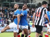 Kemar Roofe celebrates with Alfredo Morelos (right) after making it 1-1  during the cinch Premiership match between St Mirren and Rangers. (Photo by Craig Williamson / SNS Group)