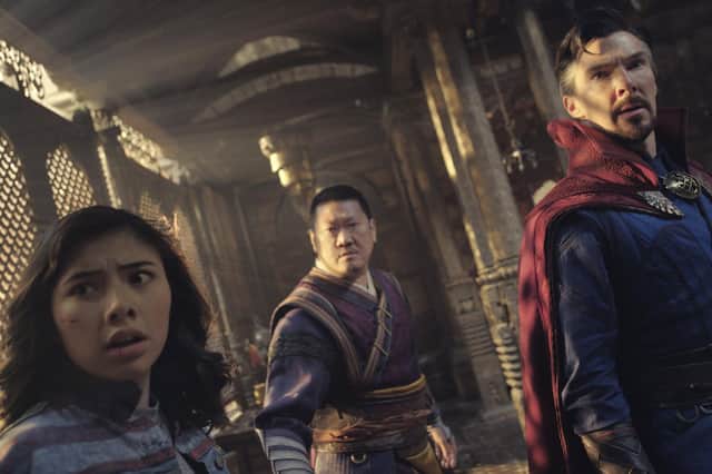 From left, Xochitl Gomez as America Chavez, Benedict Wong as Wong, and Benedict Cumberbatch as Dr Stephen Strange in a scene from Doctor Strange in the Multiverse of Madness PIC: Marvel Studios via AP