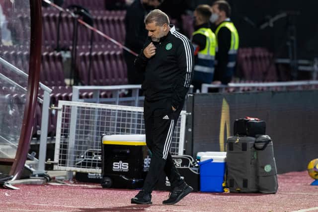 Celtic manager Ange Postecoglou cuts a frustrated figure during the 2-1 defeat away to Hearts in the club's cinch Premiership opener that left him winless in his first three competitive games as has befallen no man to take charge of the club since 1946. (Photo by Craig Williamson / SNS Group)