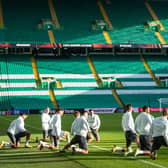 Bayer Leverkusen train at Celtic Park ahead of tonight's Europa League fixture. (Photo by Ross MacDonald / SNS Group)