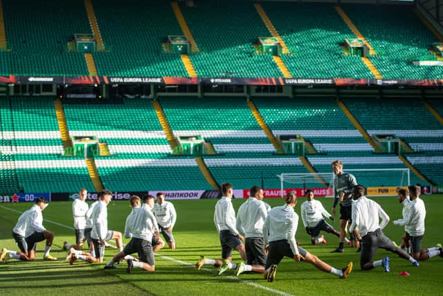 Bayer Leverkusen train at Celtic Park ahead of tonight's Europa League fixture. (Photo by Ross MacDonald / SNS Group)
