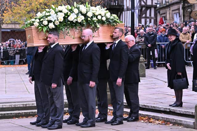 The coffin of Sir Bobby Charlton is carried by pallbearers into Manchester Cathedral ahead of the funeral service. Picture: Anthony Devlin/Getty Images