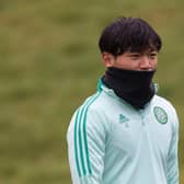 Reo Hatate during a Celtic training session at Lennoxtown.