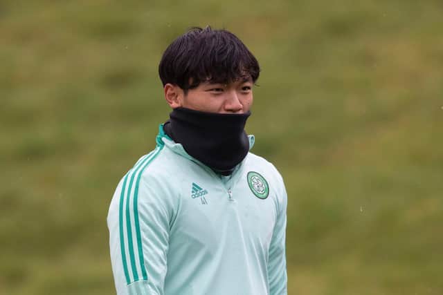 Reo Hatate during a Celtic training session at Lennoxtown.