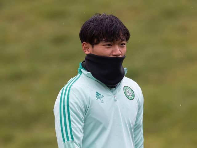 Reo Hatate during a Celtic training session at Lennoxtown.