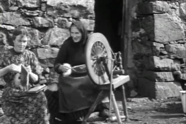Taken from silent footage of Eriskay by Dr. Werner Kissling in 1934, we can see a local woman spindling. The wives and daughters of fishermen who risked their lives at sea were those tirelessly crafting the iconic garments for their protection.