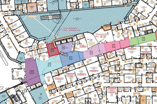 This map shows the affected flooring areas, numbered 1 to 10, where repairs are being carried out at Edinburgh's new Sick Kids hospital