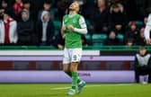 Hibs' Dylan Vente celebrates scoring to make it 1-0 against Aberdeen.