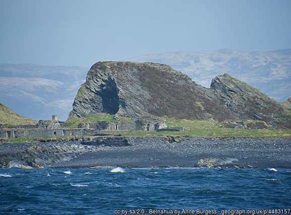 The abandoned workers cottages on the slate island of Belnahua with the island's giant cave mouth, where an ox was slaughered twice a year in a public spectacle, also featured.