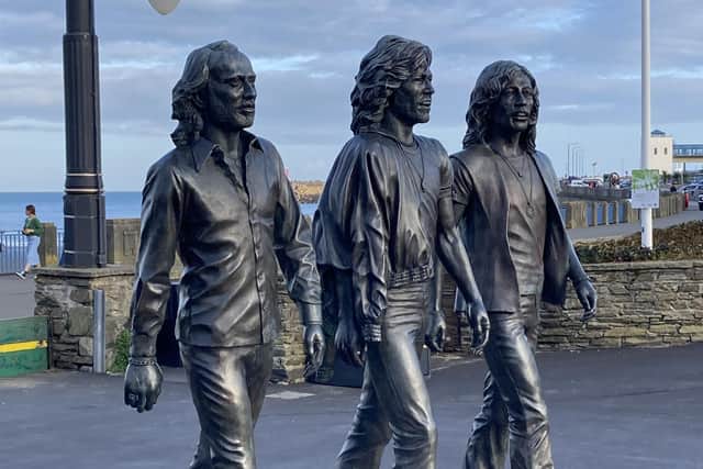 The Bee Gees statue in Douglas, Isle of Man. Maurice, Robin and Barry Gibb were born on the island. Pic: Fiona Laing