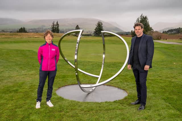 Catriona Matthew at Gleneagles to unveil a sculpture called ‘Match’ which commemorates Europe's 2019 victory over the United States at the venue. Pictured on the right is the Scottish artist Jephson Robb who created it. Picture: Kenny Smith Photography