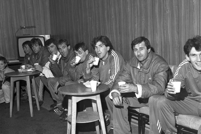 Members of Velez Mostar have a cup of tea after arriving at Edinburgh airport in November 1988. The Yugoslavian team were in the capital to play Hearts football team in the first leg of the UEFA Cup 3rd round.