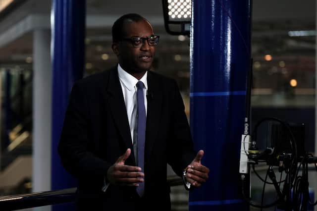 Chancellor of the Exchequer Kwasi Kwarteng speaking to the media ahead of the Conservative Party annual conference at the International Convention Centre in Birmingham.
