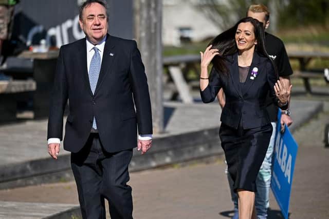 Alba Party Leader and former First Minister Alex Salmond and former SNP MP Tasmina Ahmed-Sheikh, who jointly runs the production company behind Mr Salmond's RT programme, which he cancelled after the Russian invasion of Ukraine.