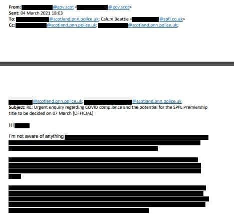 Extracts of redacted emails released to The Scotsman between Police Scotland, the SPFL, the Scottish Government, and Glasgow City Council.