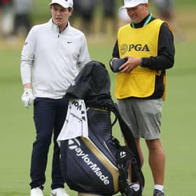 Bob MacIntyre and caddie Mike Thomson during the third round of the 2022 PGA Championship at Southern Hills Country Club in Tulsa, Oklahoma. Picture: Richard Heathcote/Getty Images.