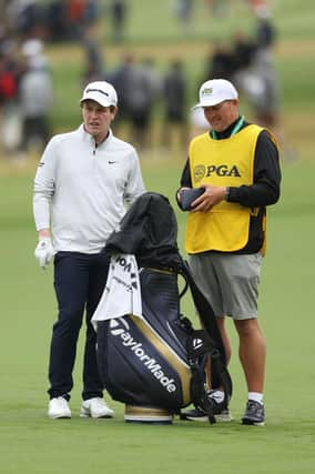 Bob MacIntyre and caddie Mike Thomson during the third round of the 2022 PGA Championship at Southern Hills Country Club in Tulsa, Oklahoma. Picture: Richard Heathcote/Getty Images.