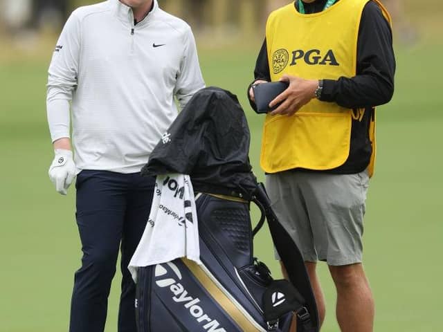 Bob MacIntyre and caddie Mike Thomson during the third round of the 2022 PGA Championship at Southern Hills Country Club in Tulsa, Oklahoma. Picture: Richard Heathcote/Getty Images.