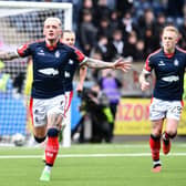 Falkirk's Callumn Morrison celebrates one of his four goals in the 4-1 win over Edinburgh City. Pic: Michael Gillen