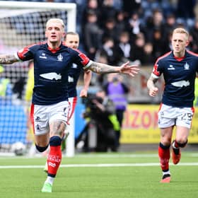 Falkirk's Callumn Morrison celebrates one of his four goals in the 4-1 win over Edinburgh City. Pic: Michael Gillen