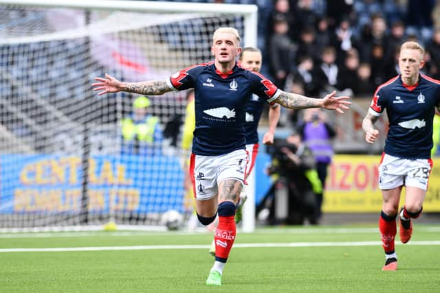 Falkirk's Callumn Morrison celebrates one of his four goals in the 4-1 win over Edinburgh City. Pic: Michael Gillen