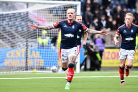 Falkirk's Callumn Morrison celebrates one of his four goals in the 4-1 win over Edinburgh City. Pic: Michael Gillen