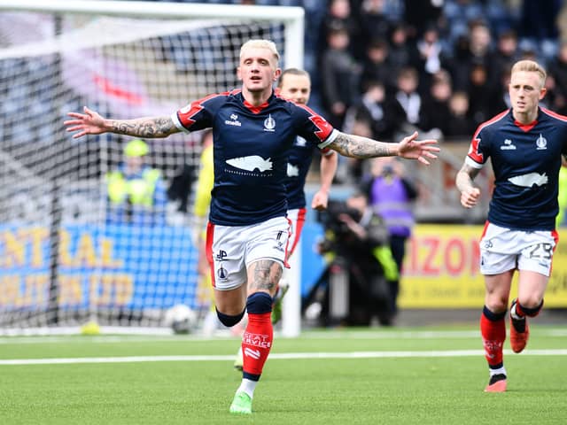 Falkirk's Callumn Morrison celebrates one of his four goals in the 4-1 win over Edinburgh City. Pic: Michael Gillen