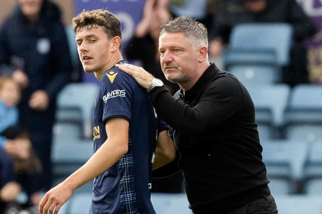 Dundee manager Tony Docherty with Owen Beck back in August. (Photo by Mark Scates / SNS Group)