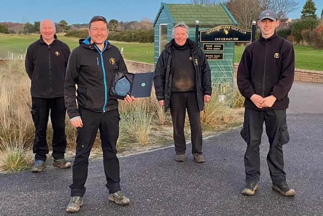 The greenkeeping team at Nairn Dunbar GC with their award. From left to right, assistant greenkeeper Graeme Robbins, course manager Richard Johnstone, assistant greenkeeper Michael McInnes and apprentice greenkeeper Ryan Knox.