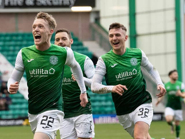 Jake Doyle-Hayes' team-mates rush to congratulate him after his second goal against Ross County.