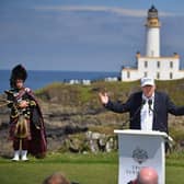 Donald Trump speaks outside his Turnberry resort in Scotland. Picture: Jeff J Mitchell/Getty