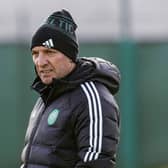 Celtic manager Brendan Rodgers observes training ahead of Saturday's match against Livingston.