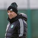 Celtic manager Brendan Rodgers observes training ahead of Saturday's match against Livingston.