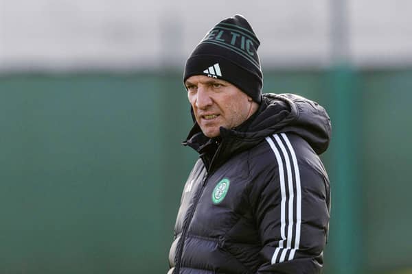 Celtic manager Brendan Rodgers observes training ahead of Saturday's match against Livingston.