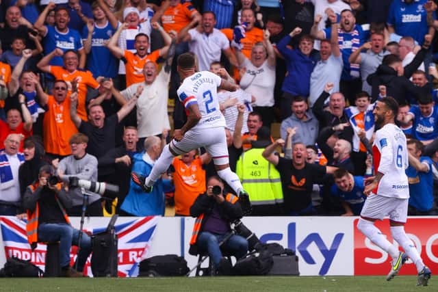 Rangers James Tavernier leaps in celebration of what proved a free-kick winner that secured his team  a  hard-fought 2-1 victory that they would settle for replicating when facing Union Saint-Gilloise in the Belgian first leg of the teams' Champions League third round qualifier. (Photo by Craig Williamson / SNS Group)