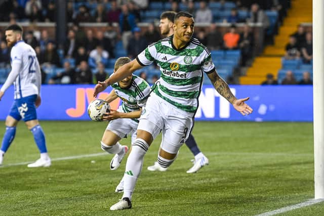 Celtic's Adam Idah celebrates as he scores to make it 1-0 over Kilmarnock. (Photo by Rob Casey / SNS Group)